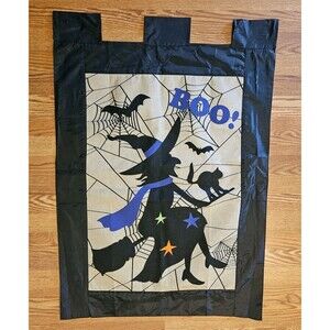 Briarwood Lane Halloween Burlap House Flag Witch On Broom With Spiders And Web